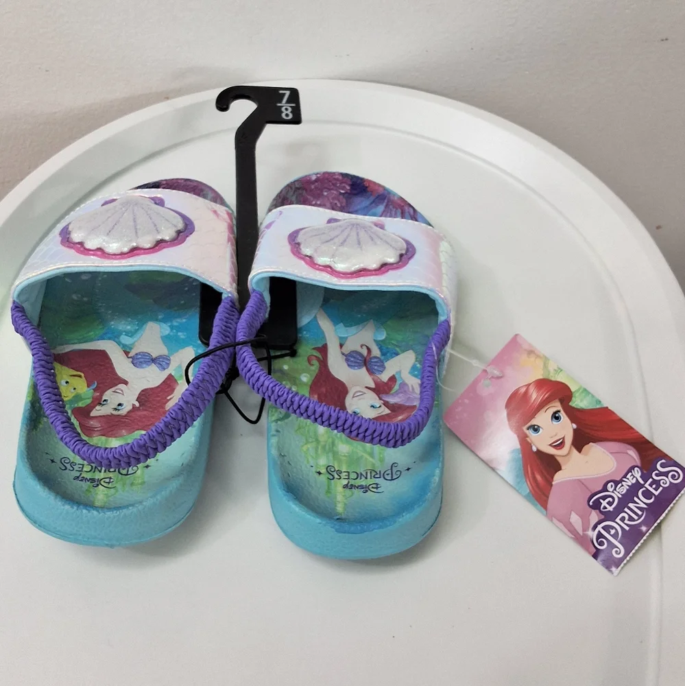 Disney Princess Ariel Little Mermaid Kids Girls Slides Sandals, Size 7-8, NWT